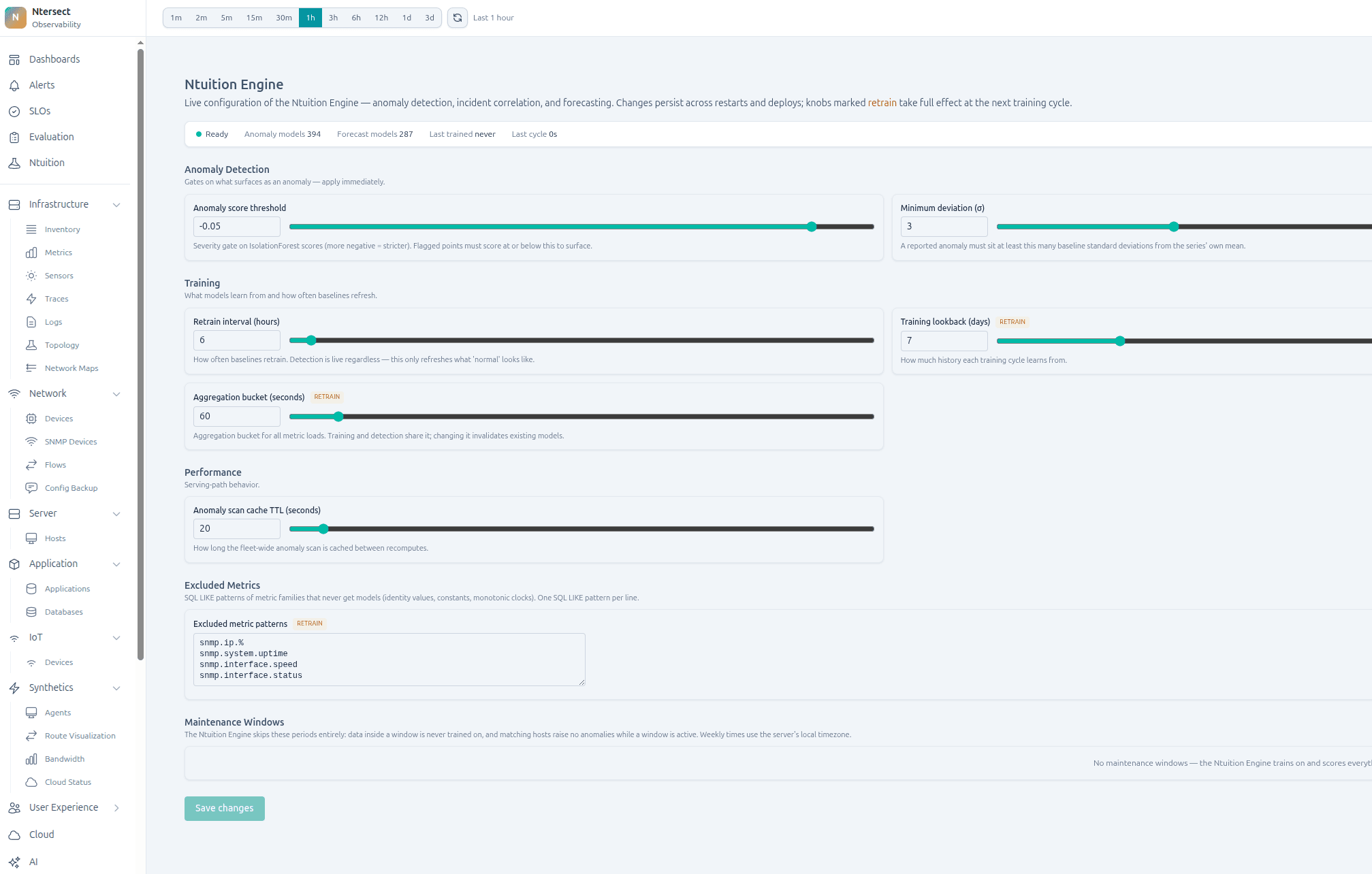 Ntrospect dashboard showing the Ntuition Engine configuration — anomaly detection, training, and performance settings